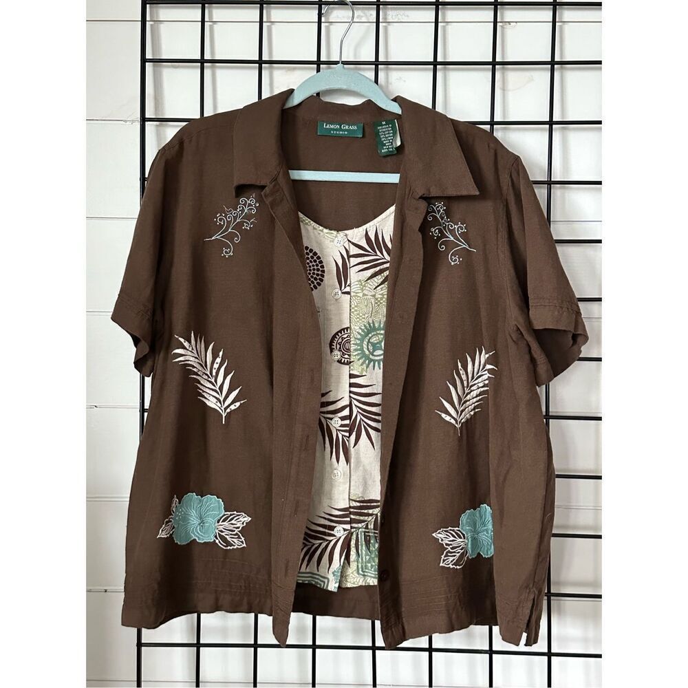Lemon Grass Womens 1X Brown Linen Blend‎ Floral Embroidered Short Sleeve Layered
